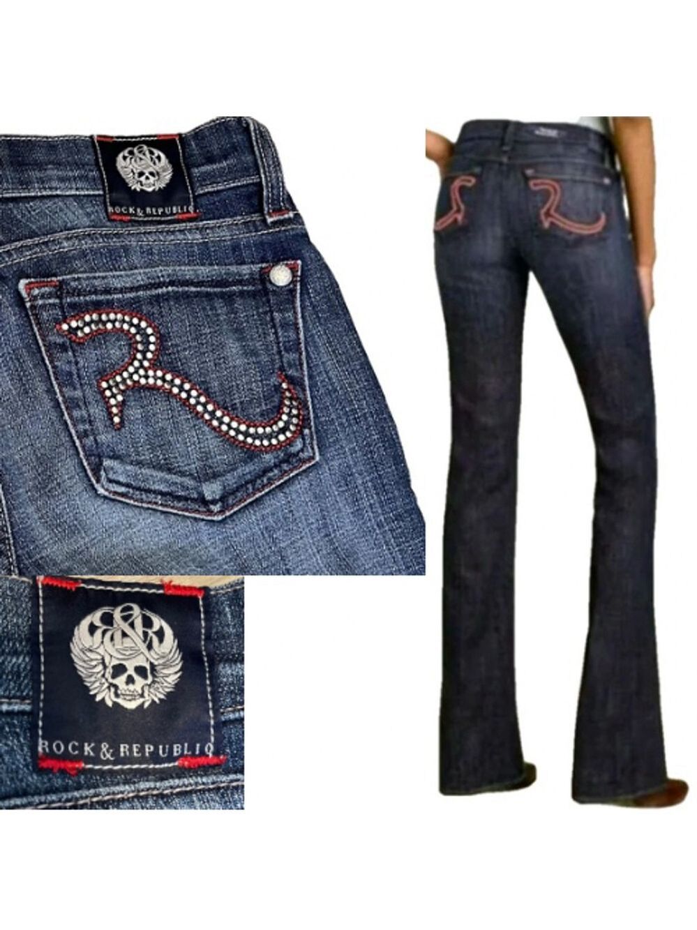 Rock & Republic Y2K Jeans Bling Pocket Low Rise Boot Cut Kasandra Red Silver 26
